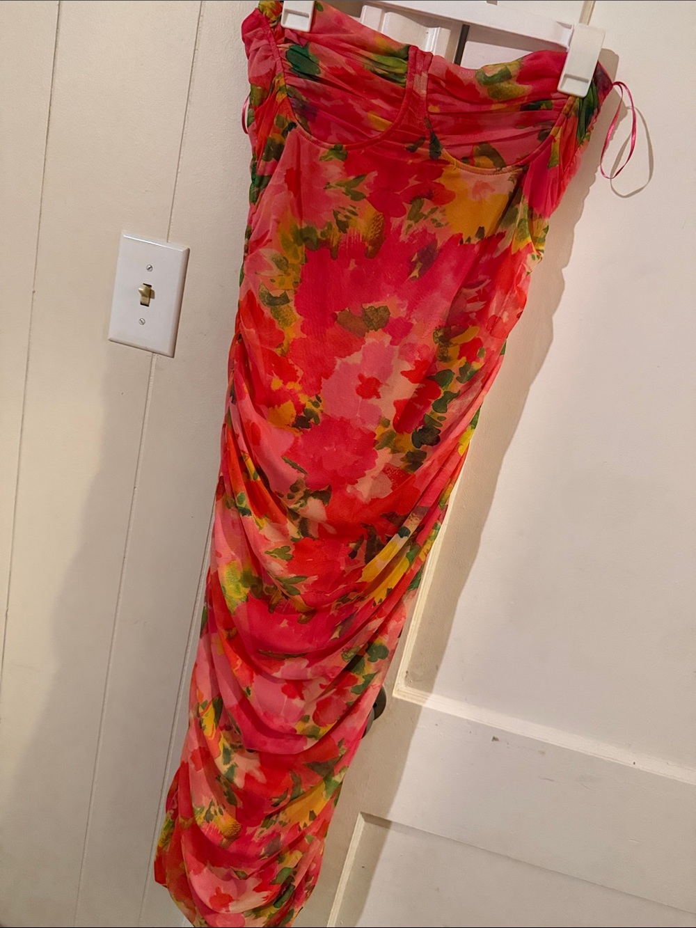 Zara Coral Floral Strapless Maxi Dress with Green Accents